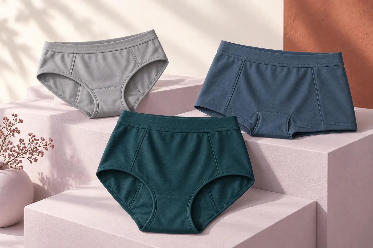 Original illustration of Everdrip Underwear briefs and a boyshort on soft mauve display plinths