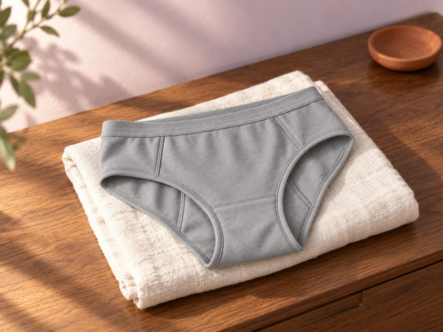 Original editorial illustration of underwear on folded linen beside a terracotta bowl